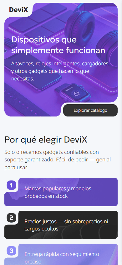 Parte superior del ejemplo de la página de link in bio de una tienda de gadgets
