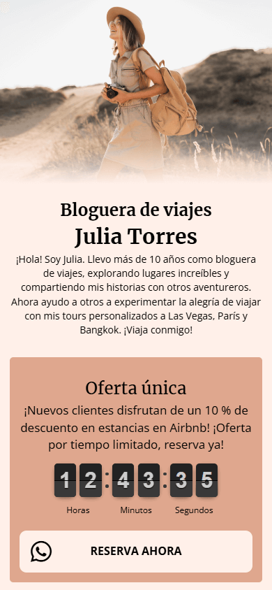 La parte superior del ejemplo de la página creada y personalizada con la herramienta de link in bio con IA de Taplink