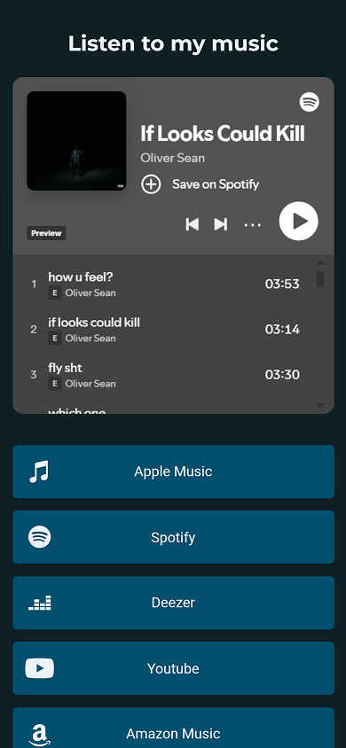 Middle section of the musician’s Beacons-style website built on Taplink