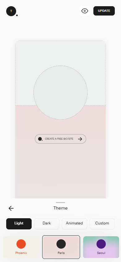 Three design themes available in Squarespace’s Bio Sites
