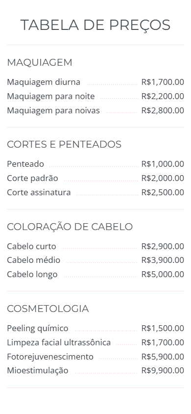 Parte central do exemplo de página de link na bio de um salão de beleza
