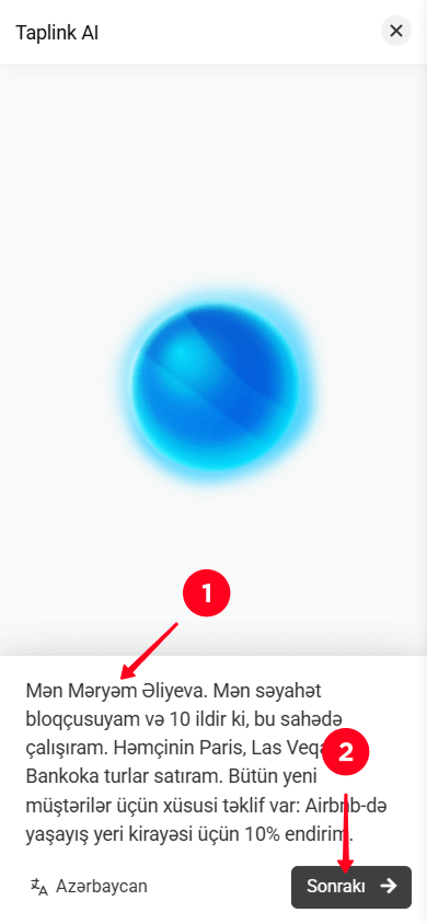 Biznes təsvirini daxil edib Taplink AI-də Sonrakı düyməsinə toxunmaq