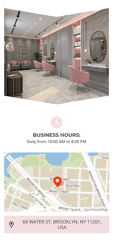 Bottom section of the beauty salon’s Beacons-style website