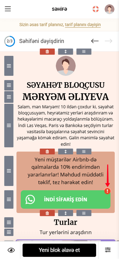 Qırmızı ox ilə işarələnmiş düymənin yanında nida işarəsi