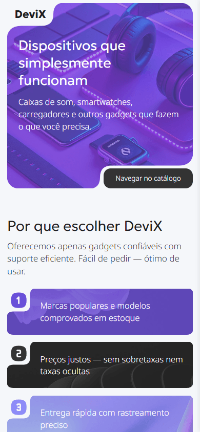 Parte superior do exemplo de página de link na bio de uma loja de gadgets