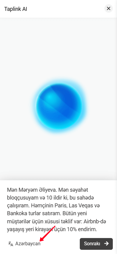 Taplink AI-da dil parametrləri düyməsinə toxunmaq