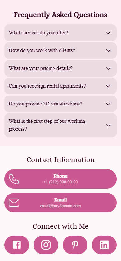 Bottom of the designer’s website generated with Taplink