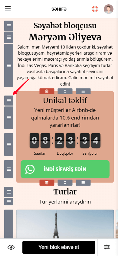 Taplink-də bir bloku hərəkət etdirmək üçün hərəkət ikonunu basılı tutmaq