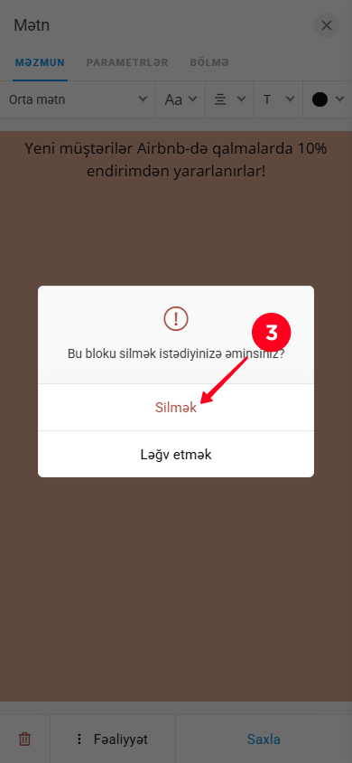 Mətn blokunun parametrləri açılan pəncərəsində Silmək seçimini seçmək