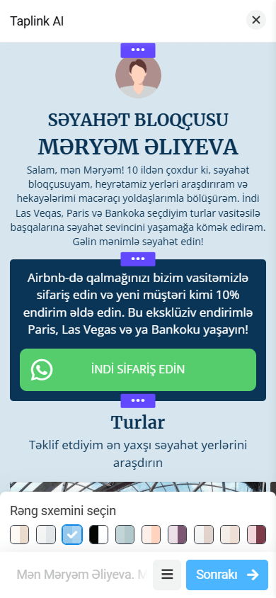 Taplink AI-da səhifə redaktoru interfeysi