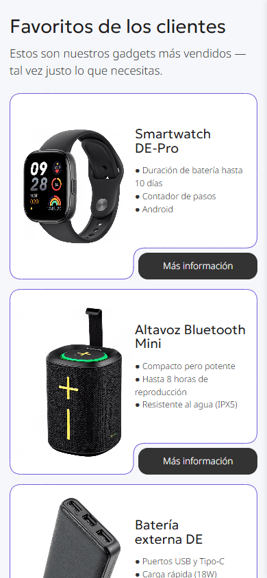 Parte media del ejemplo de la página de link in bio de una tienda de gadgets