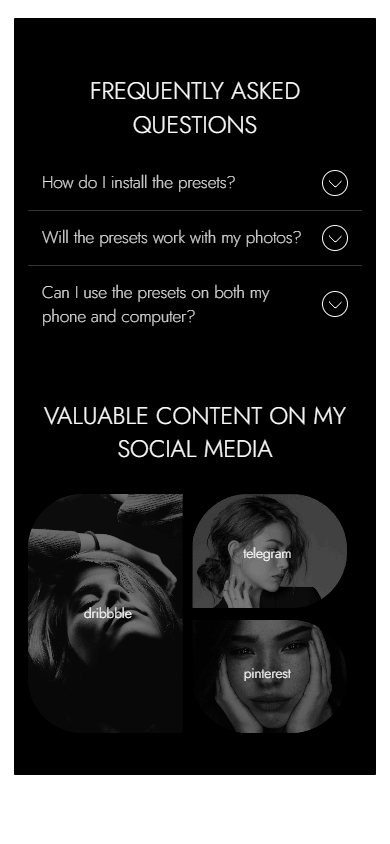Bottom section of the photographer’s Milkshake-style website displaying the FAQ block