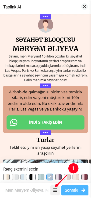 Taplink AI redaktorunda bölmə Parametrlərini açmaq