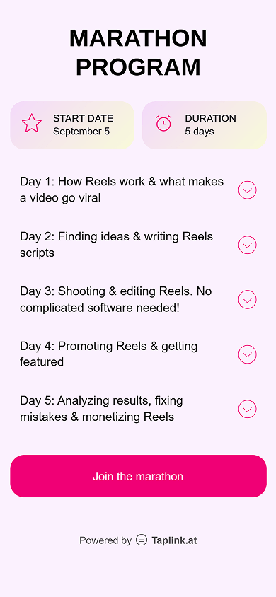 Bottom section of the course creator’s Beacons-style website created using Taplink