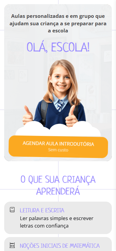 Parte superior do exemplo de página de link na bio de uma escola online infantil