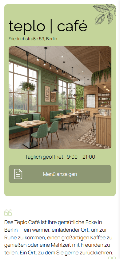Oberer Teil des Link-in-Bio-Seiten-Beispiels eines Cafés