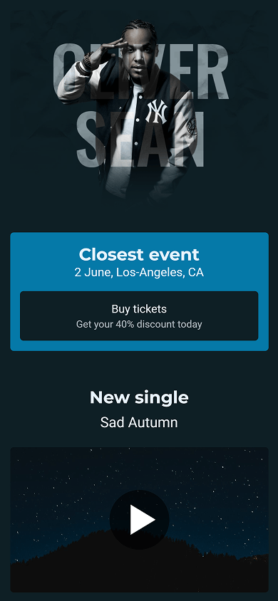 Top section of the musician’s Beacons-style website built on Taplink