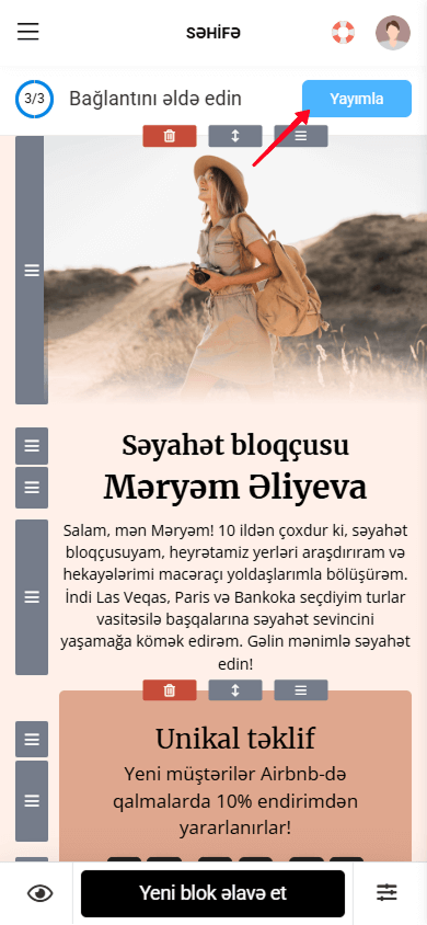 Taplink səhifə redaktorunda Yayınla düyməsinə toxunmaq