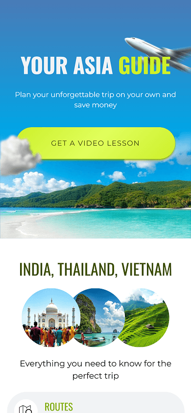 Top section of the travel guide’s Beacons-style website built on Taplink