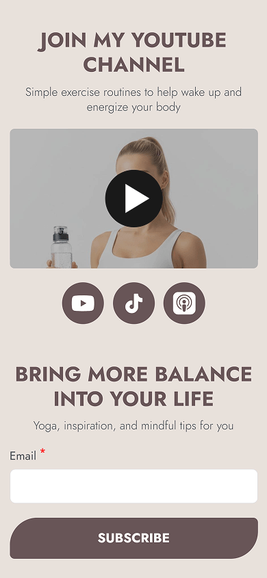 Bottom section of the yoga coach’s Beacons-style website built on Taplink