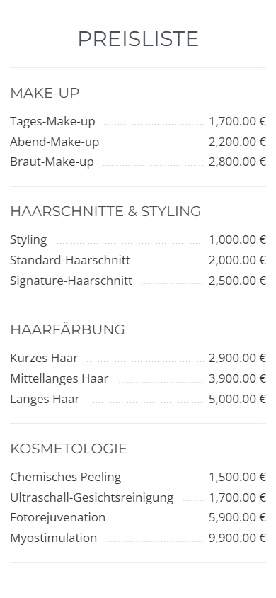 Mittlerer Teil des Link-in-Bio-Seiten-Beispiels eines Schönheitssalons