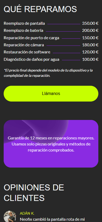 Parte media del ejemplo de la página de link in bio de un taller de reparación de teléfonos