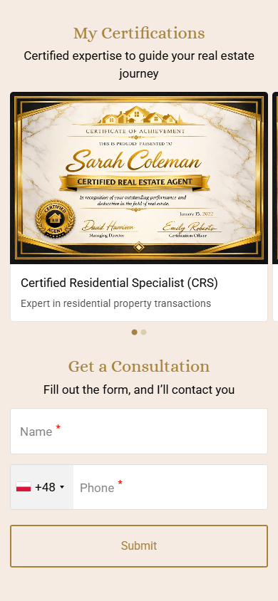 Bottom of the real estate agent’s website built with Taplink