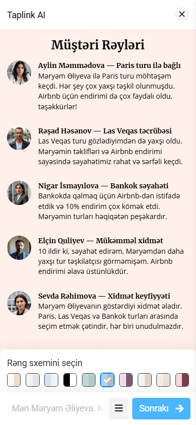 Kiçik şəkil, ad və mətn layoutuna malik Rəylər bölməsi