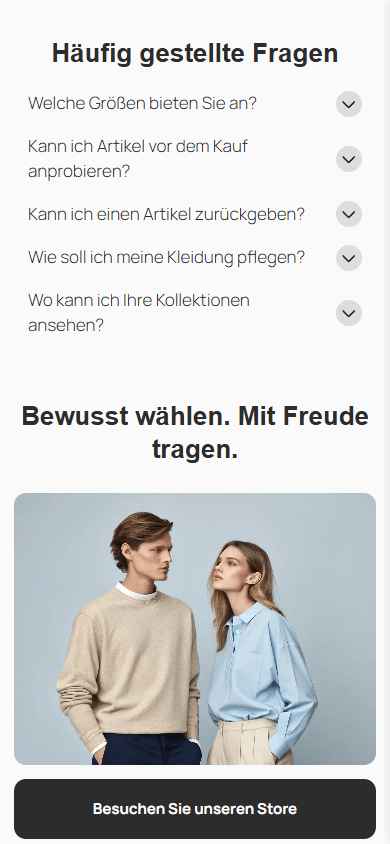 Unterer Teil der Link-in-Bio-Seite eines Bekleidungsgeschäfts