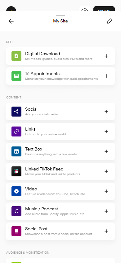 Digital Download and 1:1 Appointments blocks in Bio Sites window with content blocks
