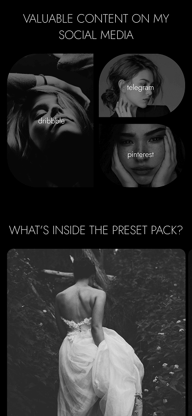 Middle section of the photographer’s Beacons-style website created on Taplink