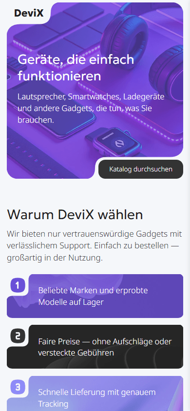 Oberer Teil des Link-in-Bio-Seiten-Beispiels eines Gadget-Shops