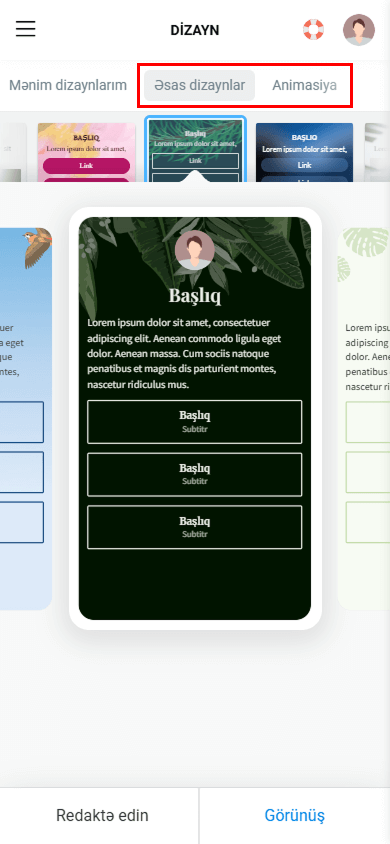 Taplink səhifə dizayn parametrlərində Əsas dizaynlar və Animasiya sekmələrinin vurğulanması