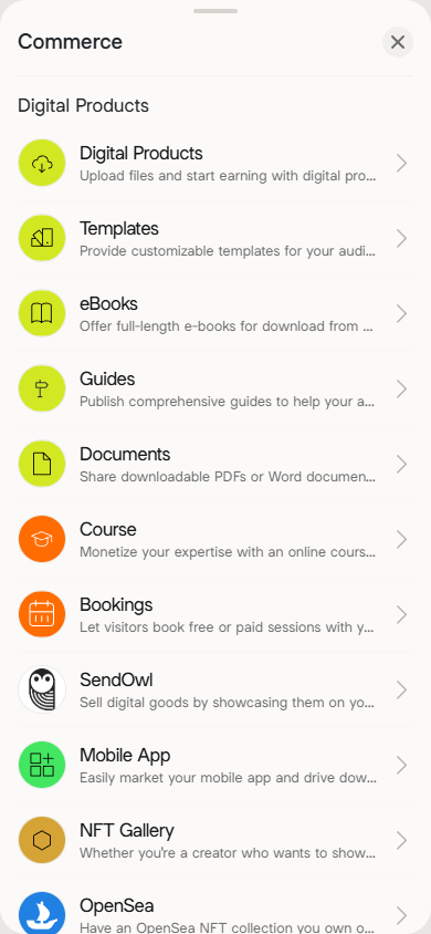 Eleven digital product blocks available in Linktree