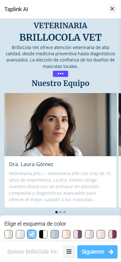 Una página con un esquema de color azul en la herramienta de link in bio con IA de Taplink