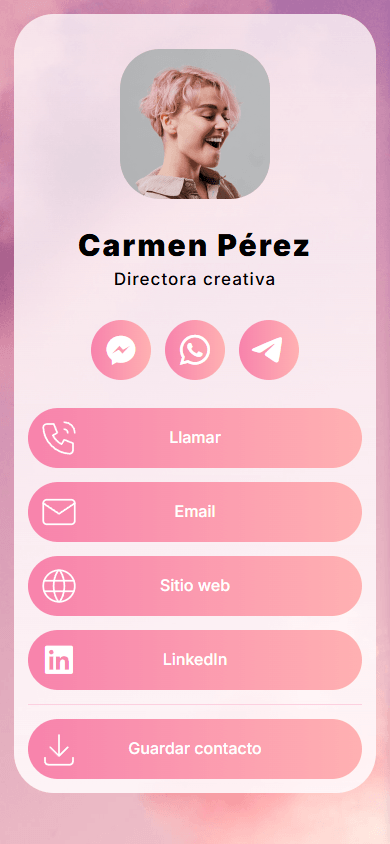 Ejemplo de página de link in bio con foto de perfil, encabezados, enlaces y botón de contacto