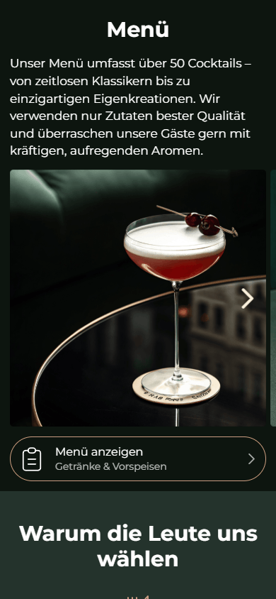 Mittlerer Teil des Link-in-Bio-Seiten-Beispiels einer Bar