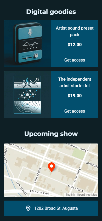 Bottom section of the musician’s Beacons-style website built on Taplink