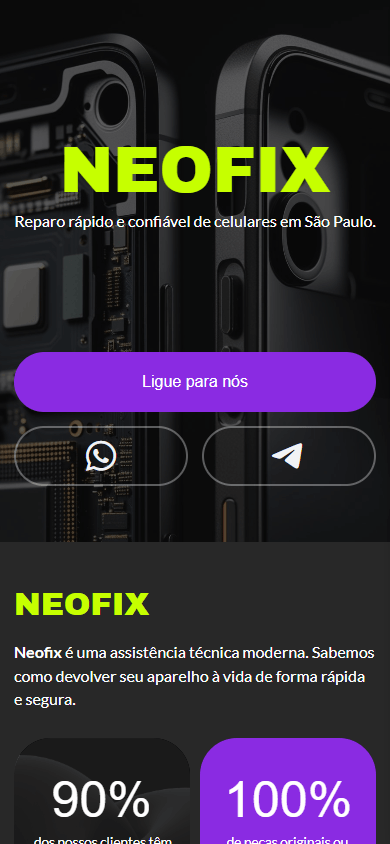 Parte superior do exemplo de página de link na bio de uma oficina de conserto de celulares