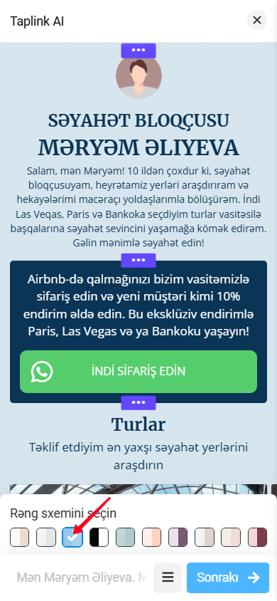 Taplink AI redaktorunda yaradılmış səhifəyə tətbiq olunmuş mavi rəng sxemi