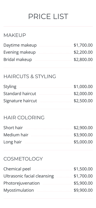 Middle section of the beauty salon’s Beacons-style website