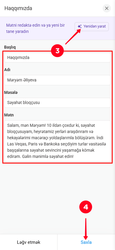 Mətn redaktəsi, Yenidən yarat düyməsinə toxunmaq və Haqqımızda bölmə parametrlərində Saxla