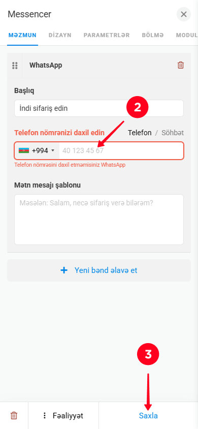 Telefon nömrəsini daxil edib Messencer bloku parametrlərində Saxla düyməsinə toxunmaq